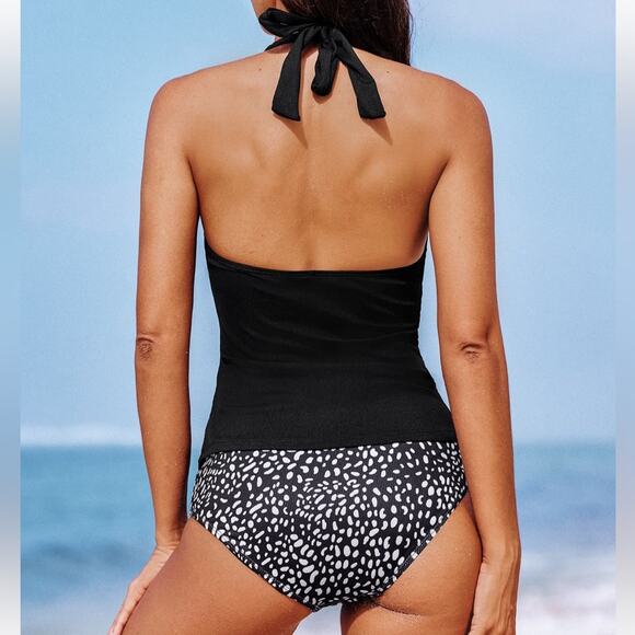 Cupshe Black Halter Scalloped Tankini Top and Standard Bottoms 2 pc Medium - Picture 2 of 9